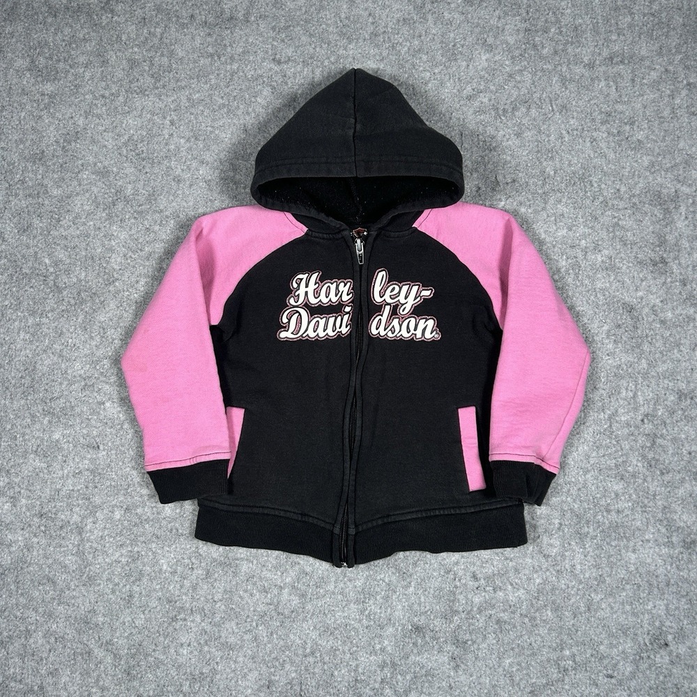 Harley Davidson Hoodie Girls Size 4 Black Pink Full Zip Double Sided Graphic